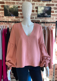 Alexis 'Ellena' Pink V-Neck Balloon Sleeve Blouse