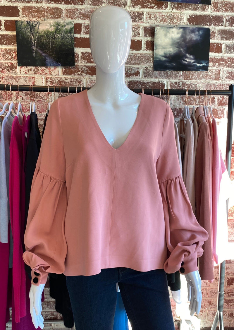 Alexis 'Ellena' Pink V-Neck Balloon Sleeve Blouse