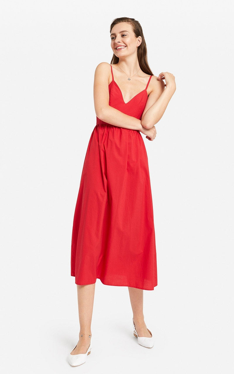 ottod'Ame Red Spaghetti Strap Poplin Midi Dress