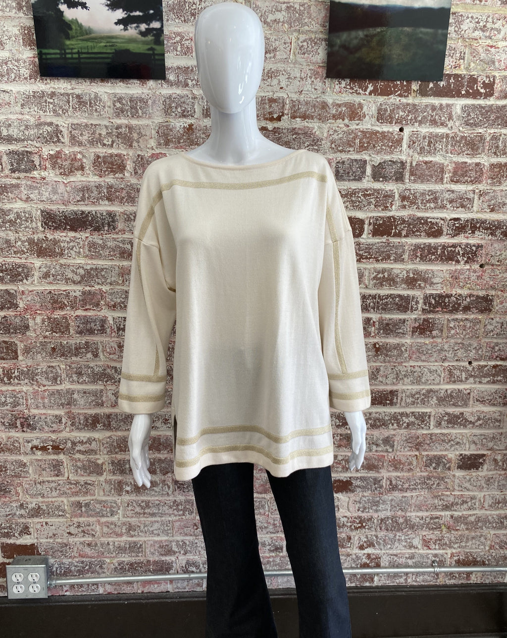 St. John Sport Wool White/Gold Bateau Neckline Top